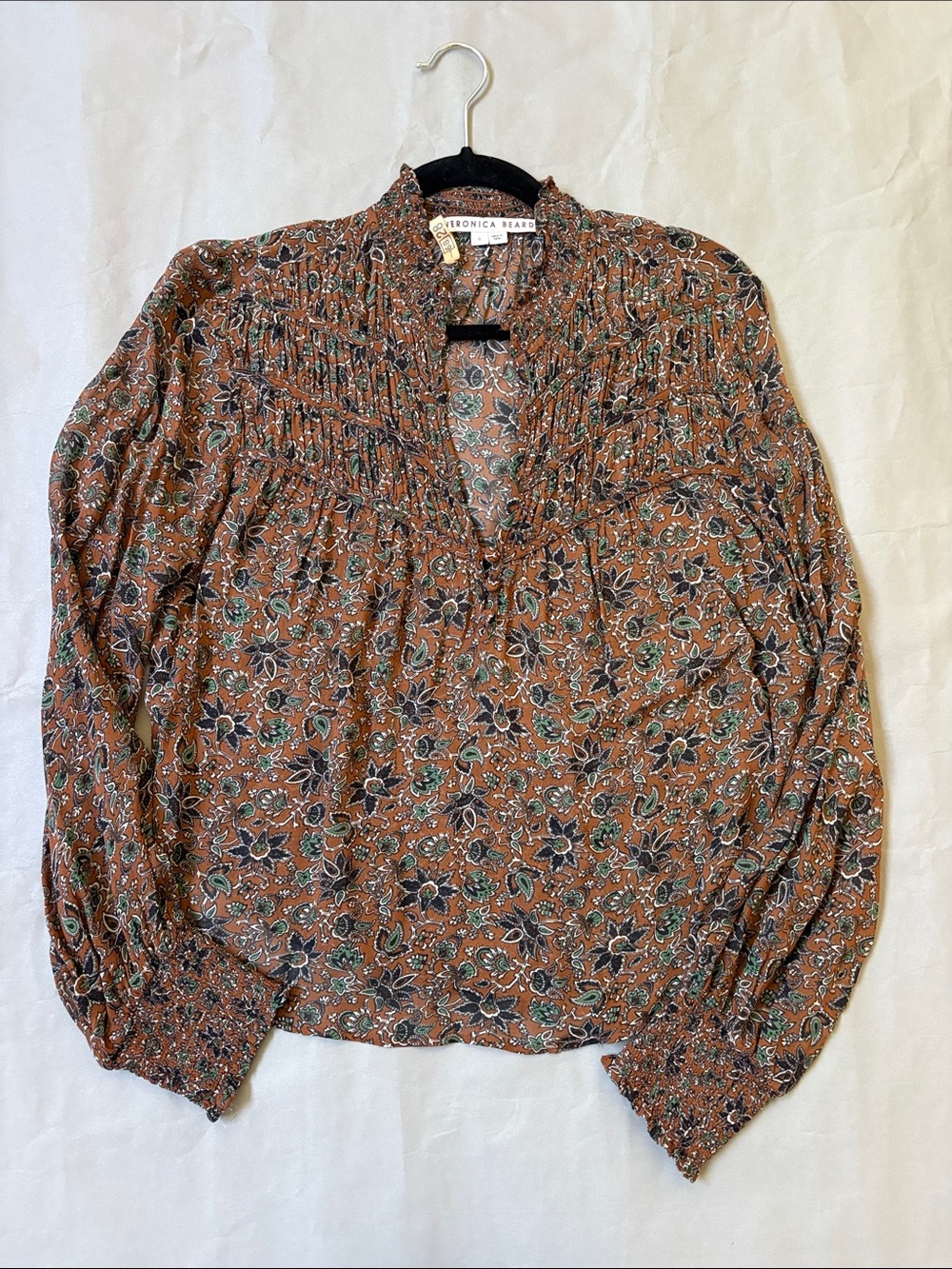Veronica Beard Rust Floral Smocked Blouse with Navy & Green Accents. Small.
